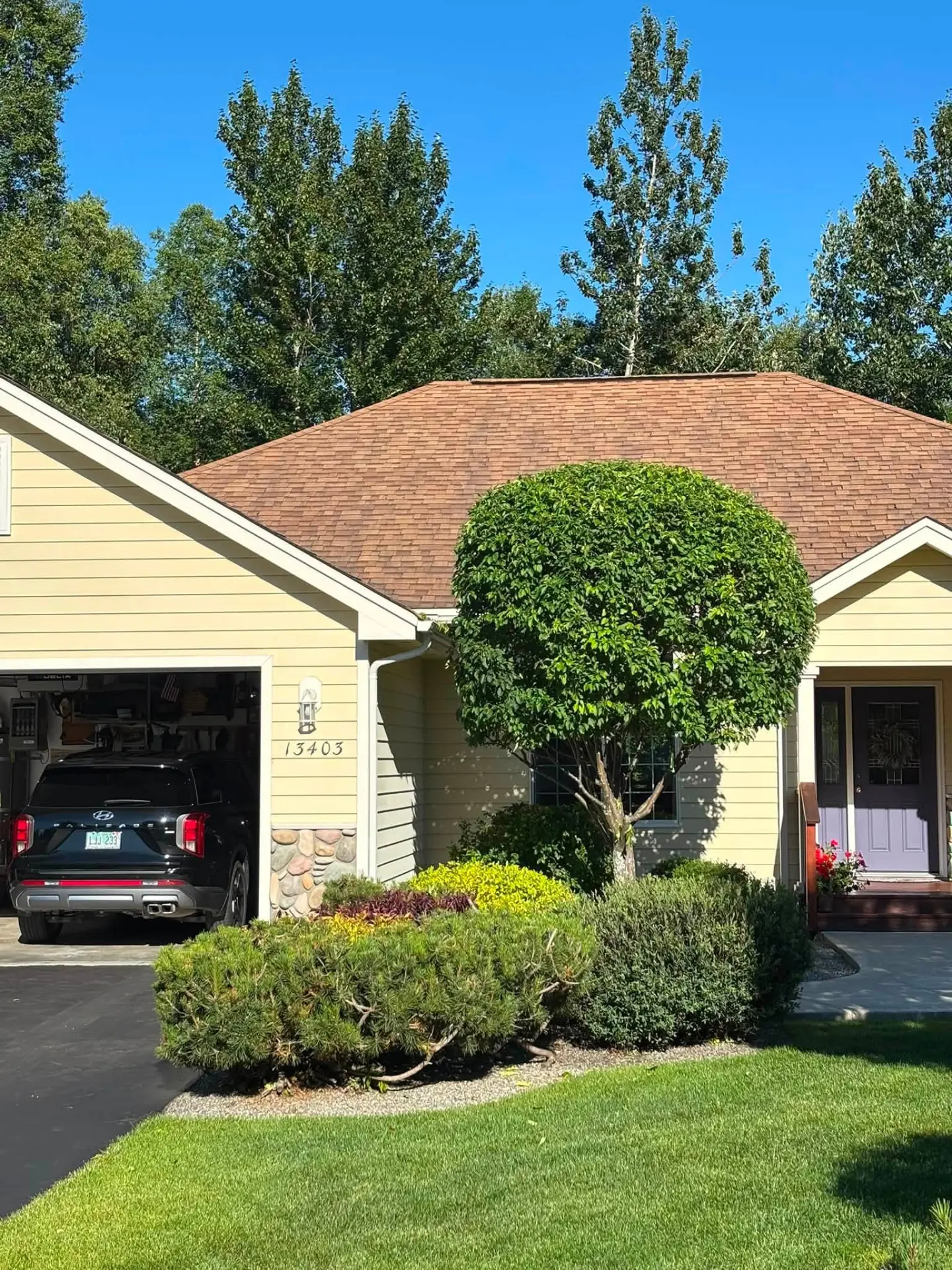 Well-maintained property surrounded by trees